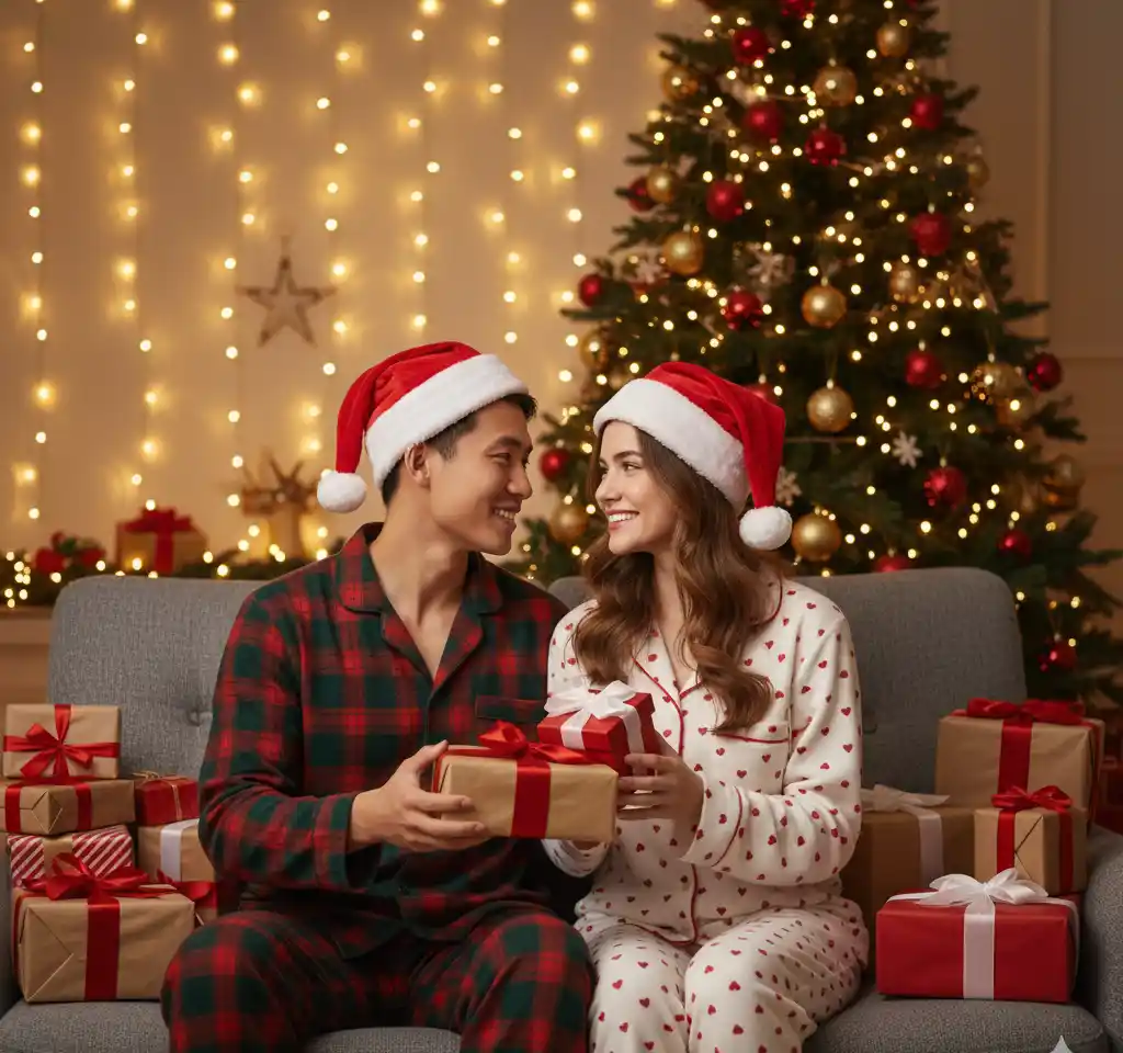 Christmas Gift Exchange Cap AI Couple Photo template