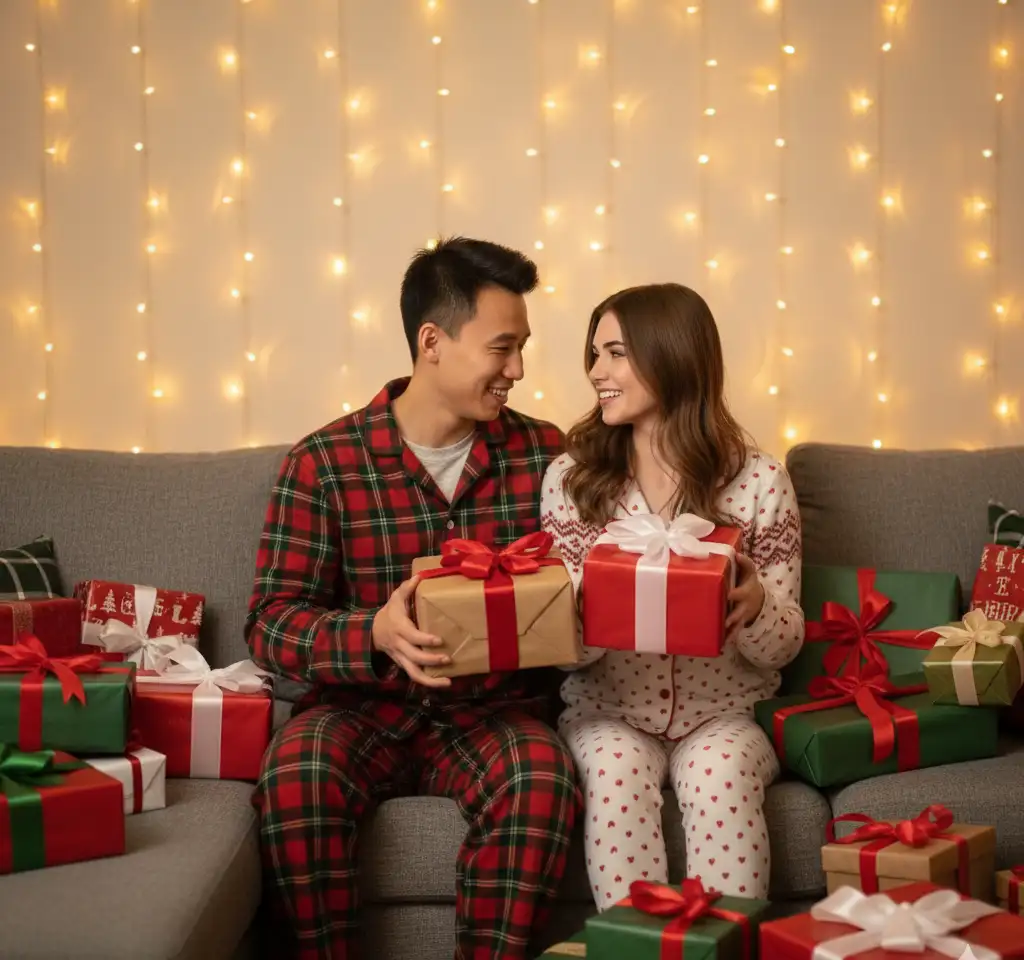 Christmas Gift Exchange Couple AI Couple Photo template