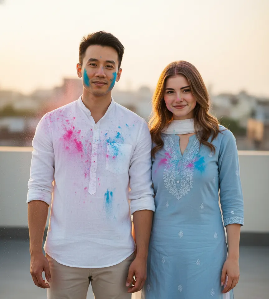 Holi Celebration on Terrace AI Couple Photo template