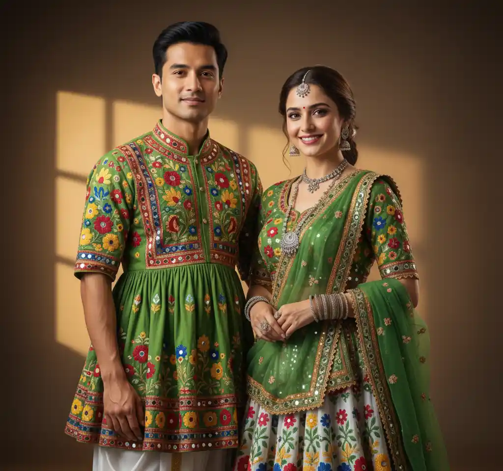 Parrot Green Garba Elegance AI Couple Photo template