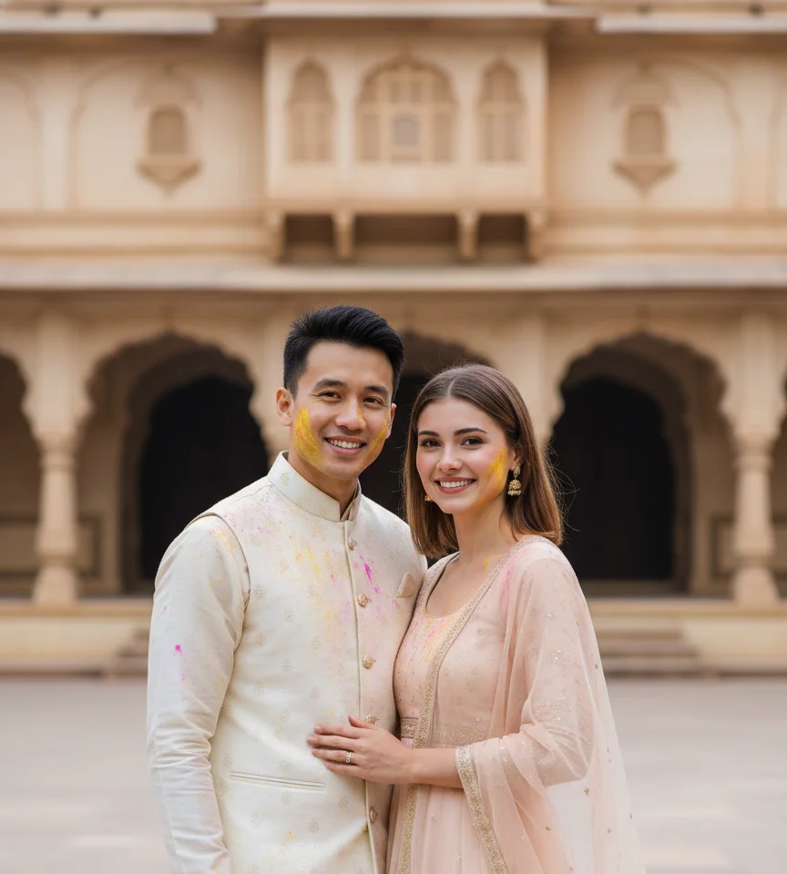 Royal Attire Holi Celebration AI Couple Photo template