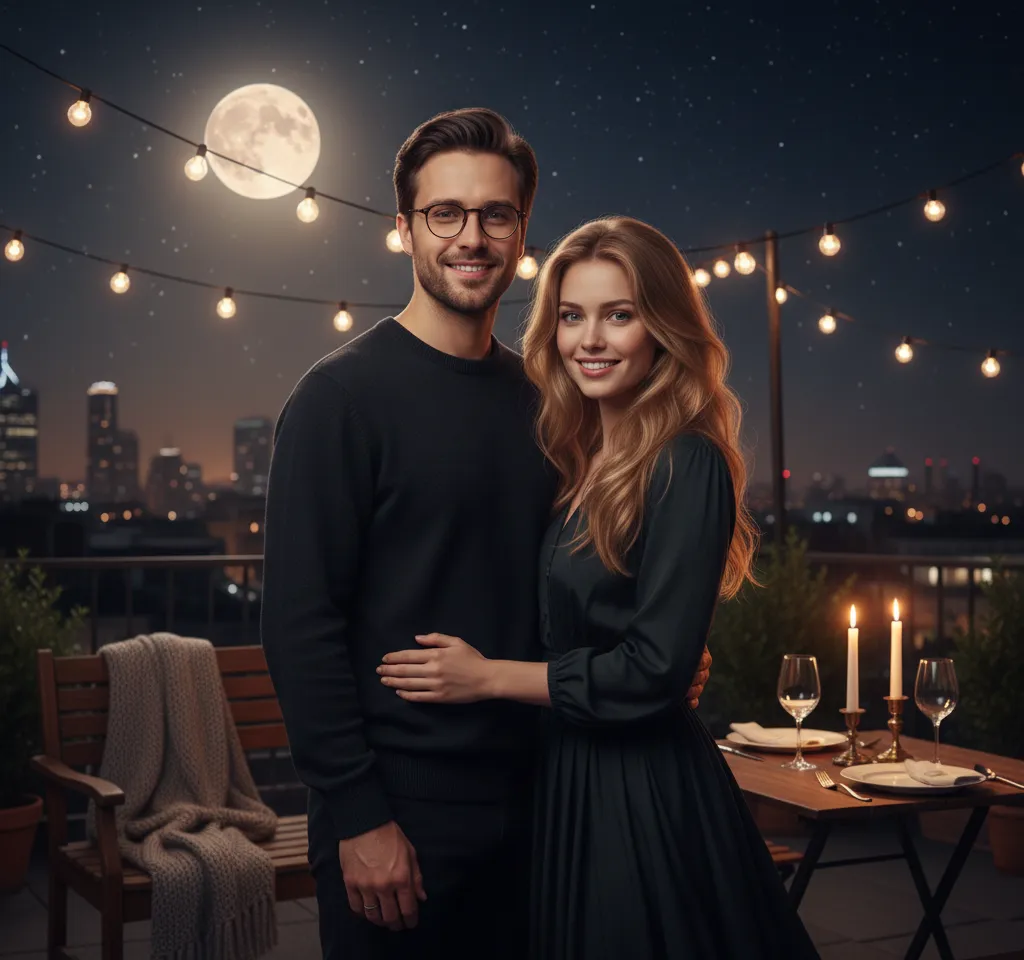 Rooftop Night Scene AI Couple Photo template