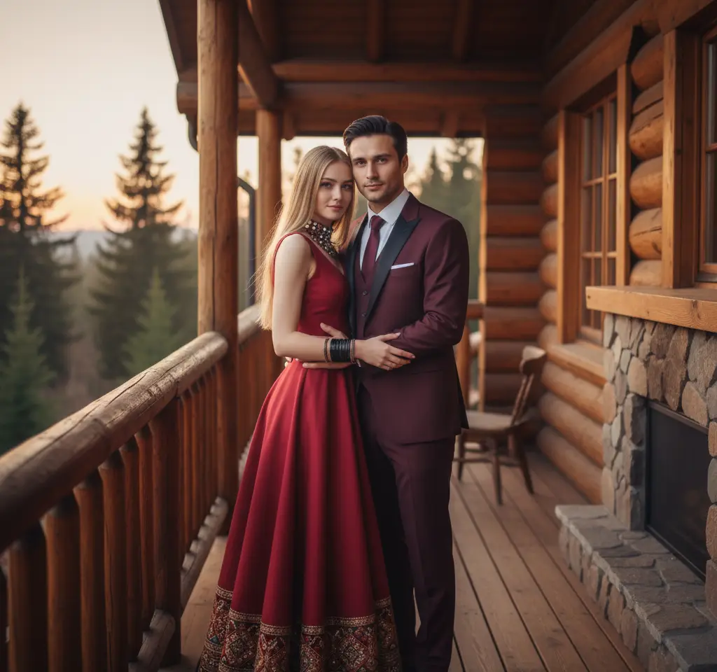 Wooden Tent In Village AI Couple Photo template