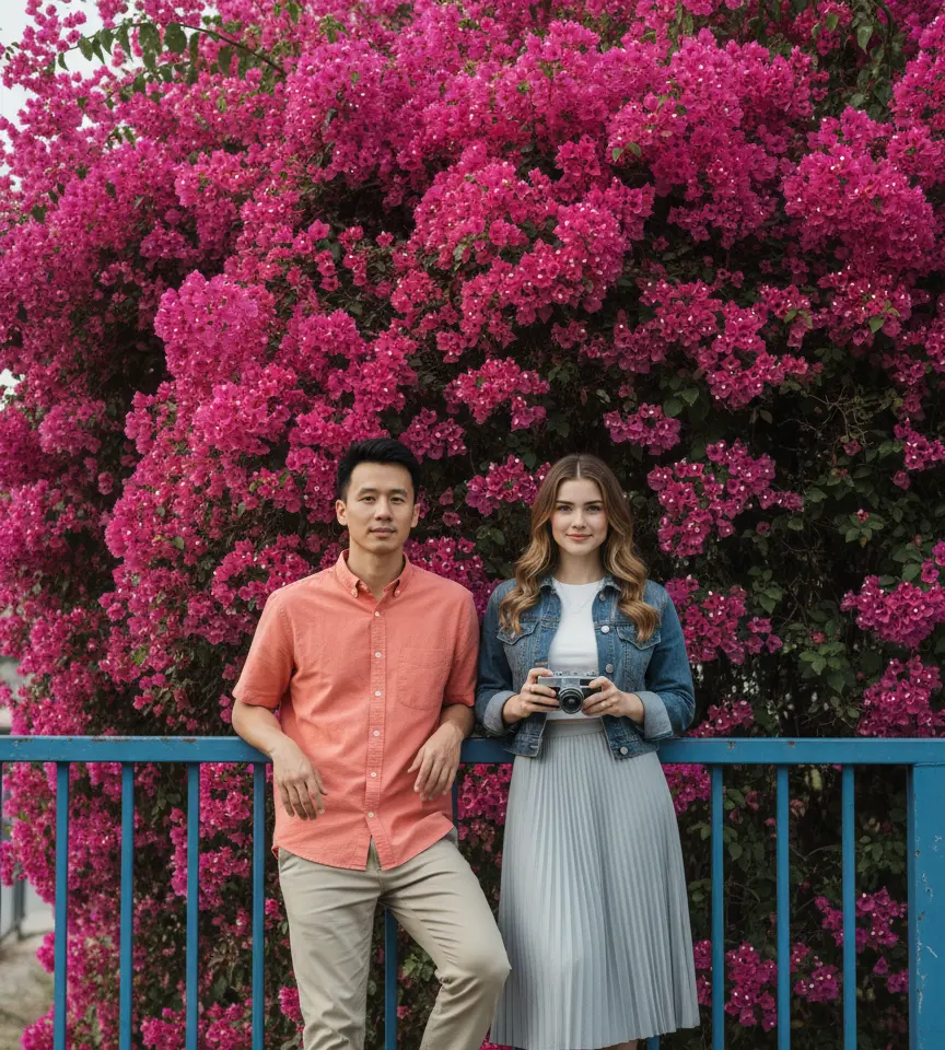 Bougainvillea Bridge AI Couple Photo template