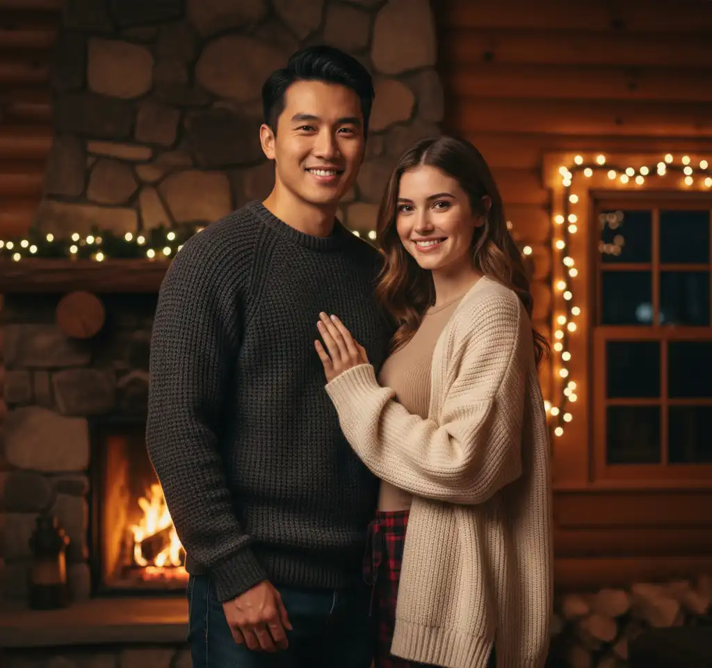 Cozy Cabin AI Couple Photo template
