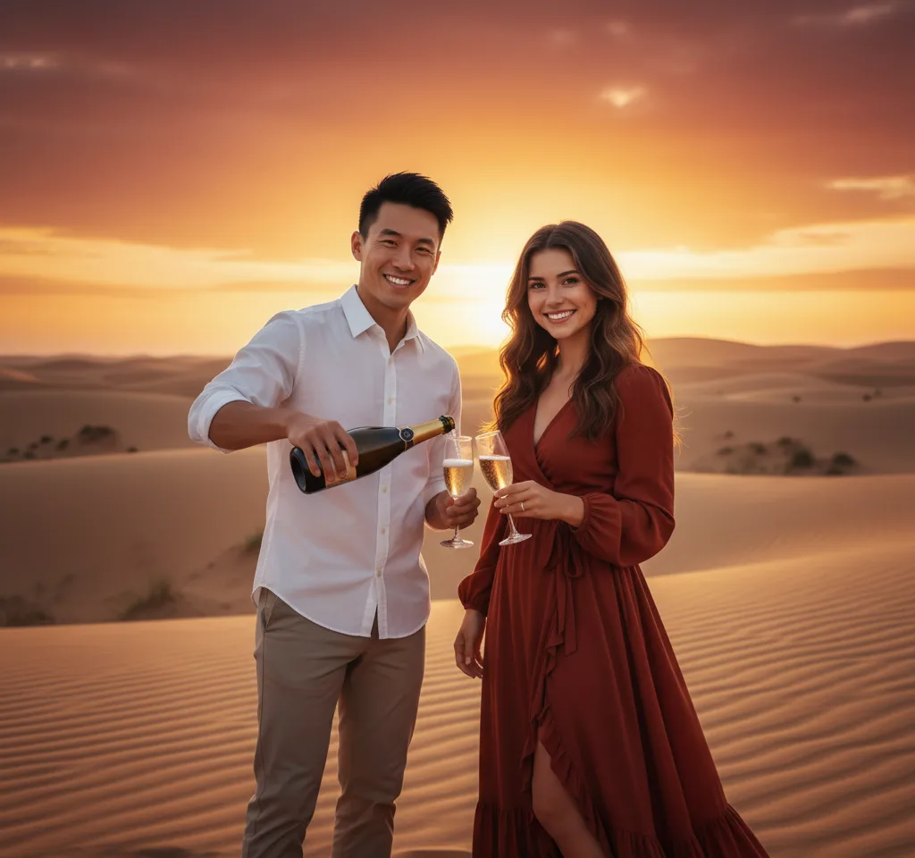 Enjoy Champagne In Desert AI Couple Photo template