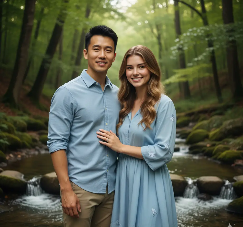 Forest Stream Scene AI Couple Photo template