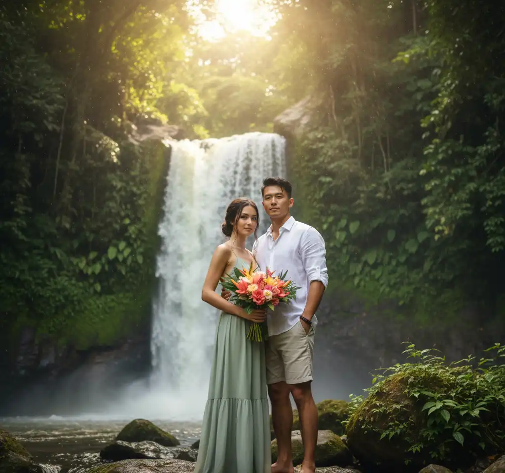 Forest Waterfall AI Couple Photo template