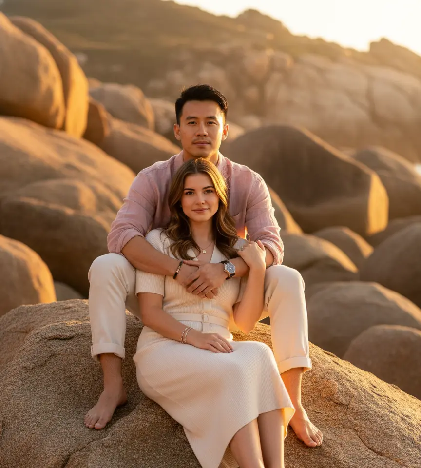 Golden Rock Embrace AI Couple Photo template