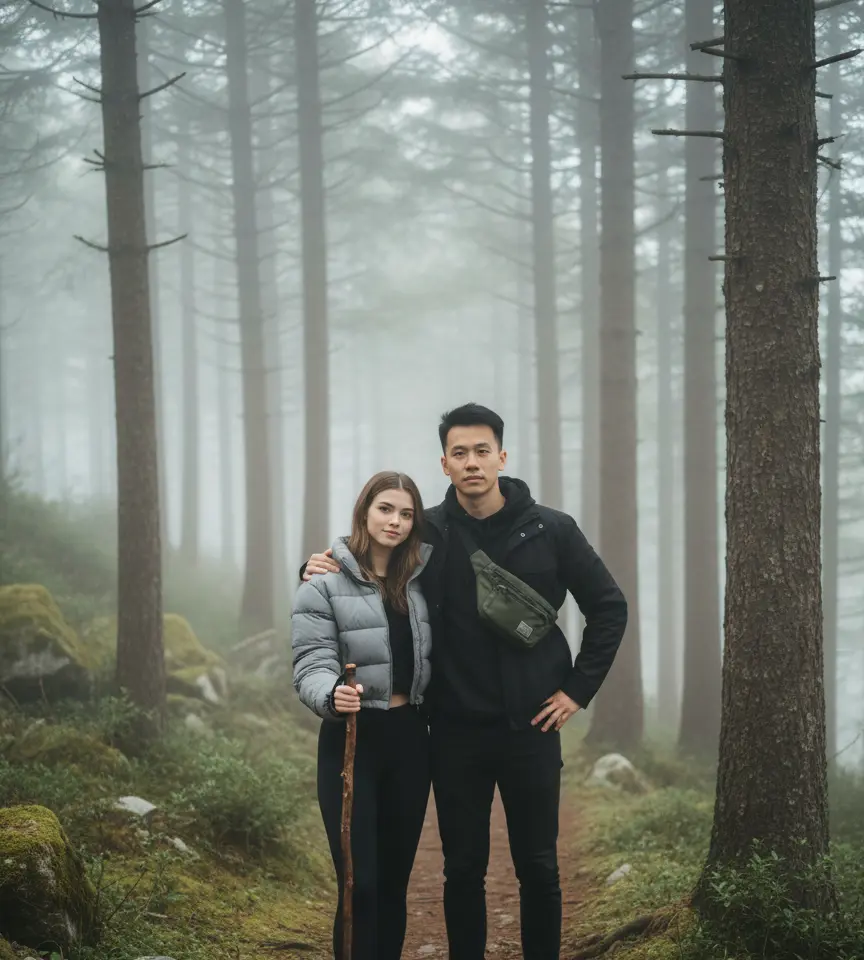 Misty Forest Trail AI Couple Photo template
