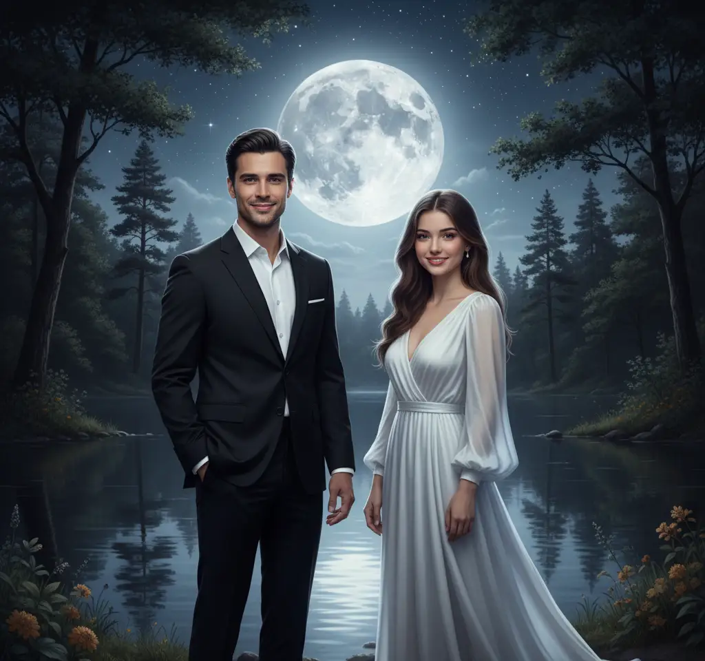 Moonlit Lake AI Couple Photo template
