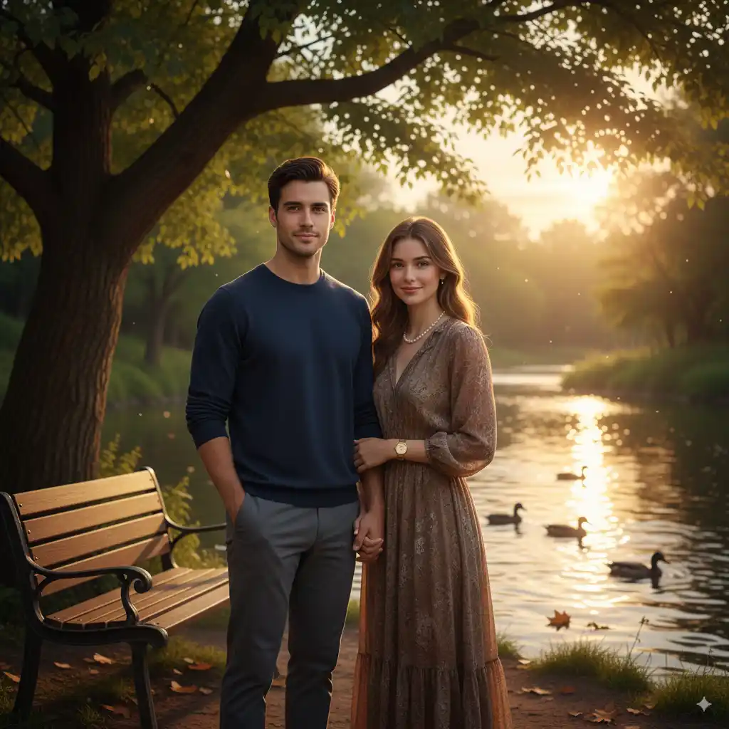 Riverside Bench AI Couple Photo template