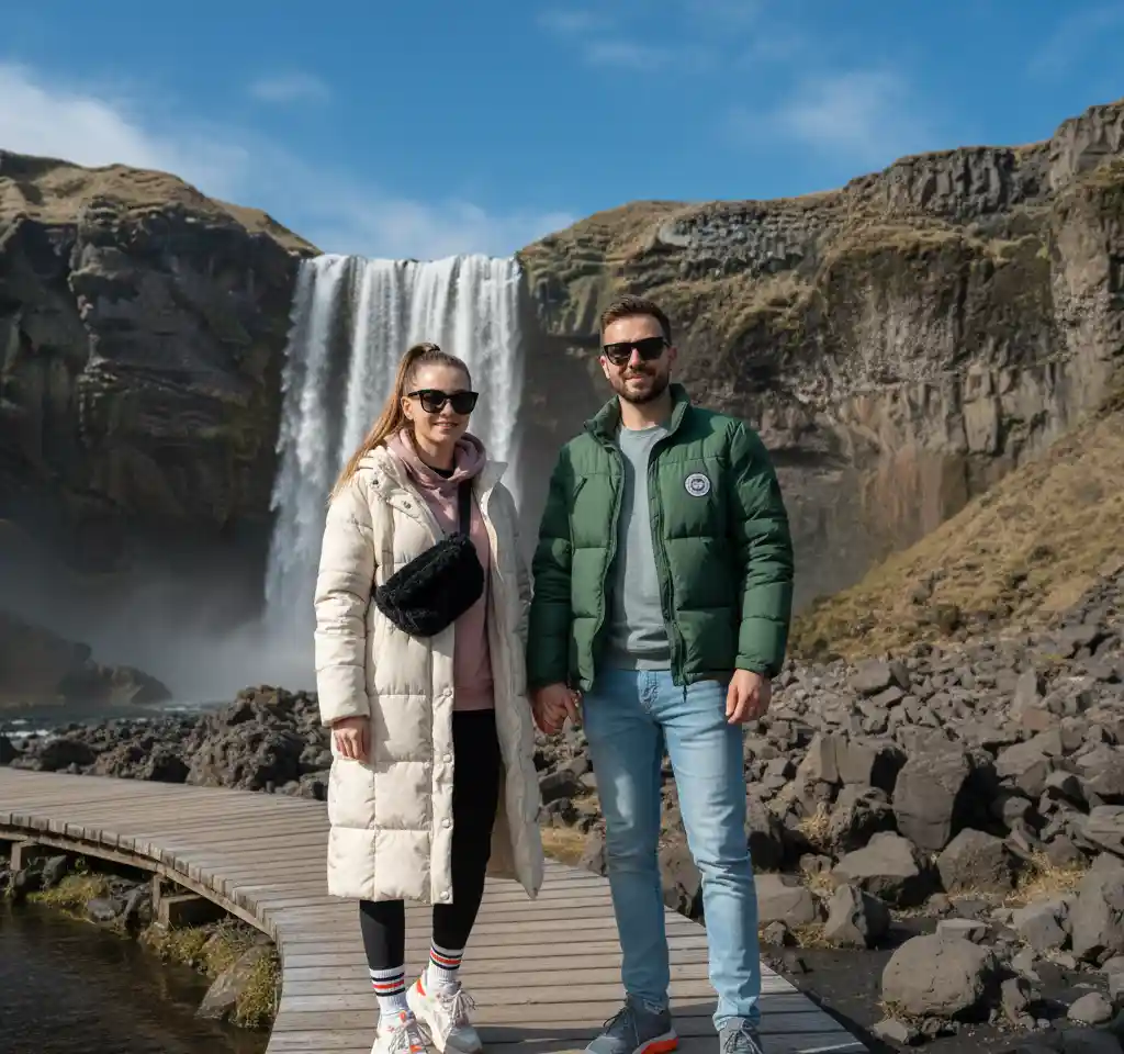 Rocky Waterfall AI Couple Photo template