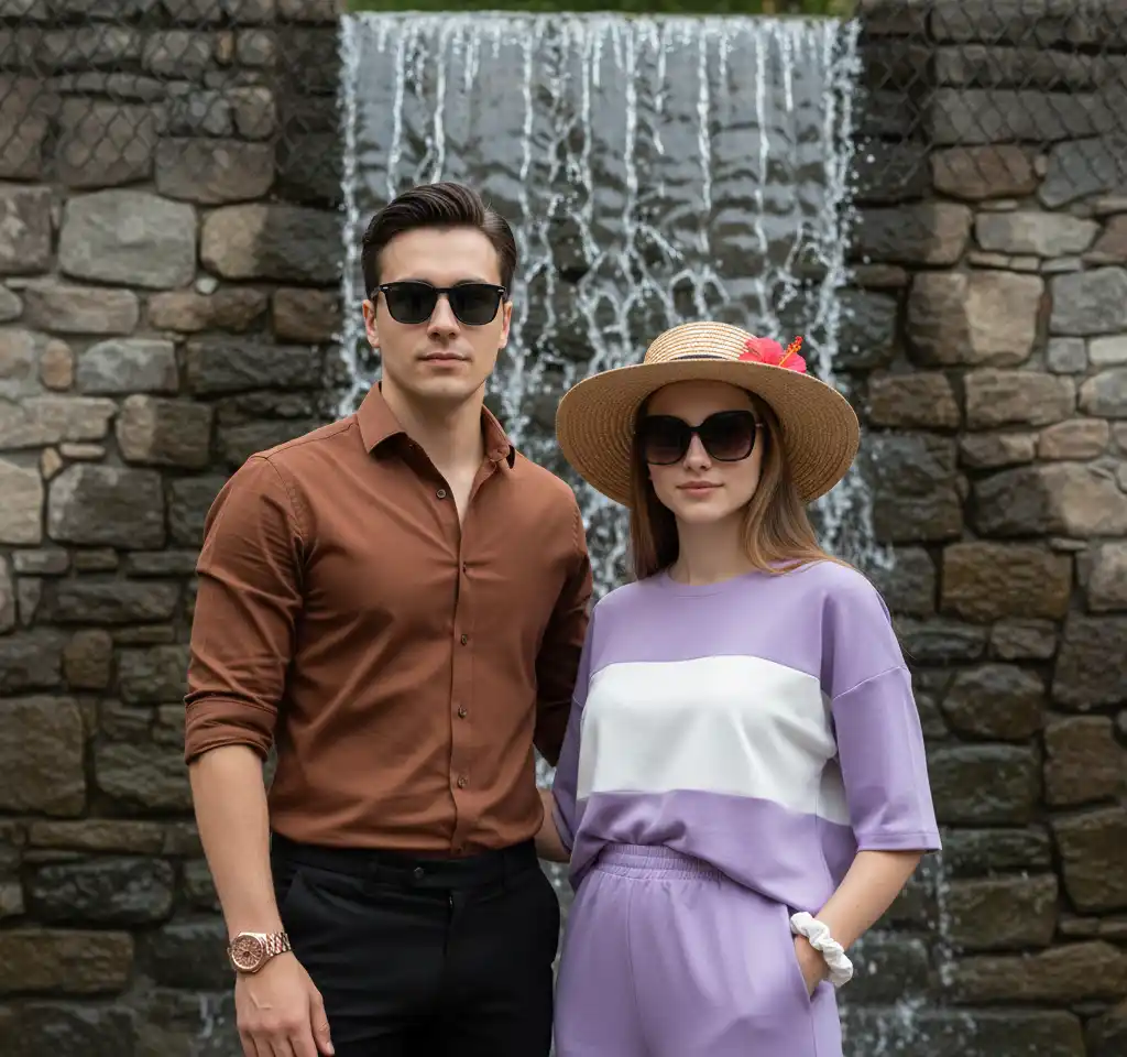 Scenic Waterfall AI Couple Photo template