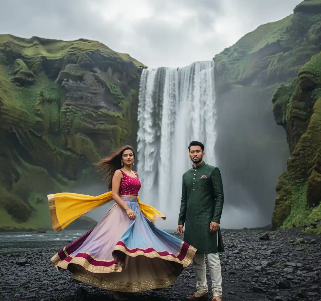 Skogafoss Waterfall AI Couple Photo template