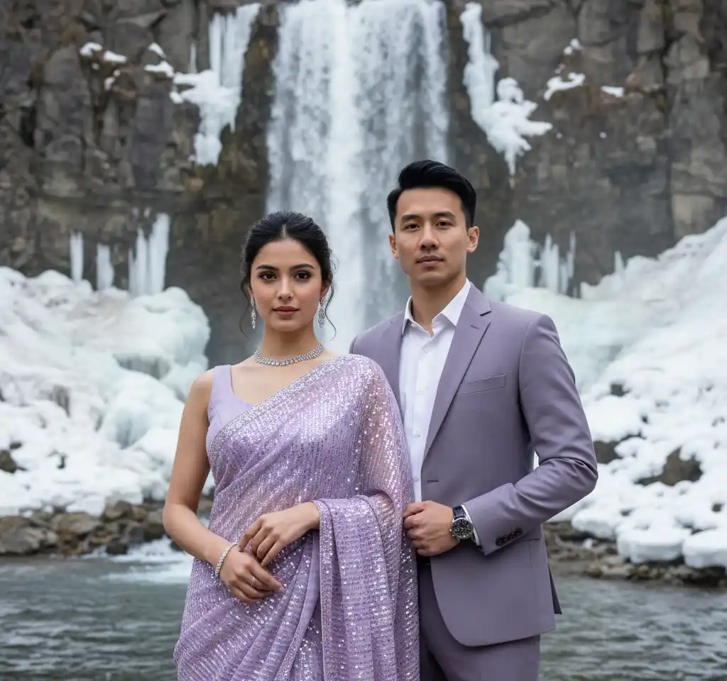 Snow Waterfall AI Couple Photo template
