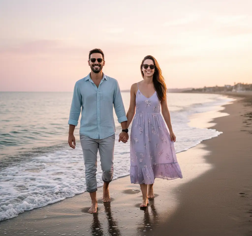 Walking On Beach AI Couple Photo template