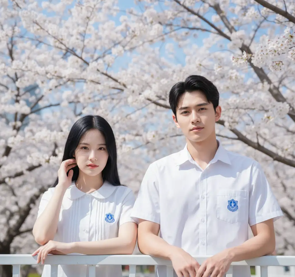 White Cherry Blossom AI Couple Photo template