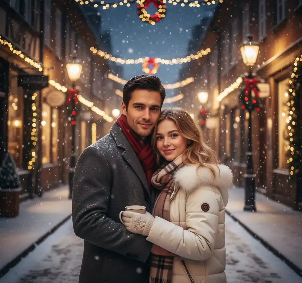 Winter Street AI Couple Photo template