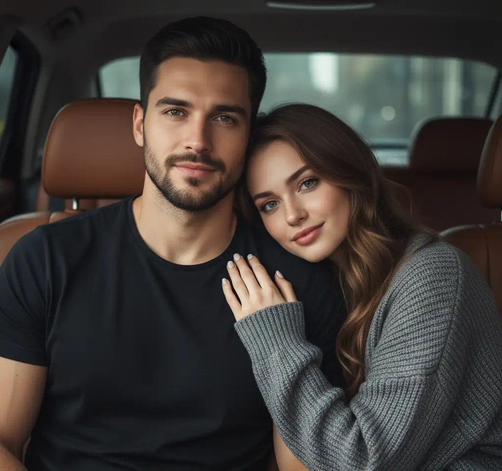 Cozy Car Sitting AI Couple Photo template