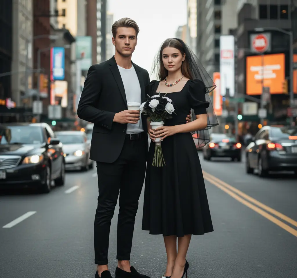 Enjoying Coffee On Street AI Couple Photo template
