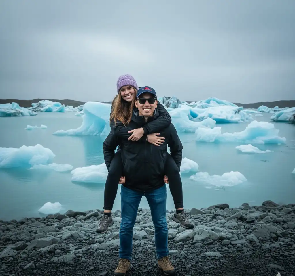 Jökulsárlón Glacier Lagoon Couple AI Couple Photo template