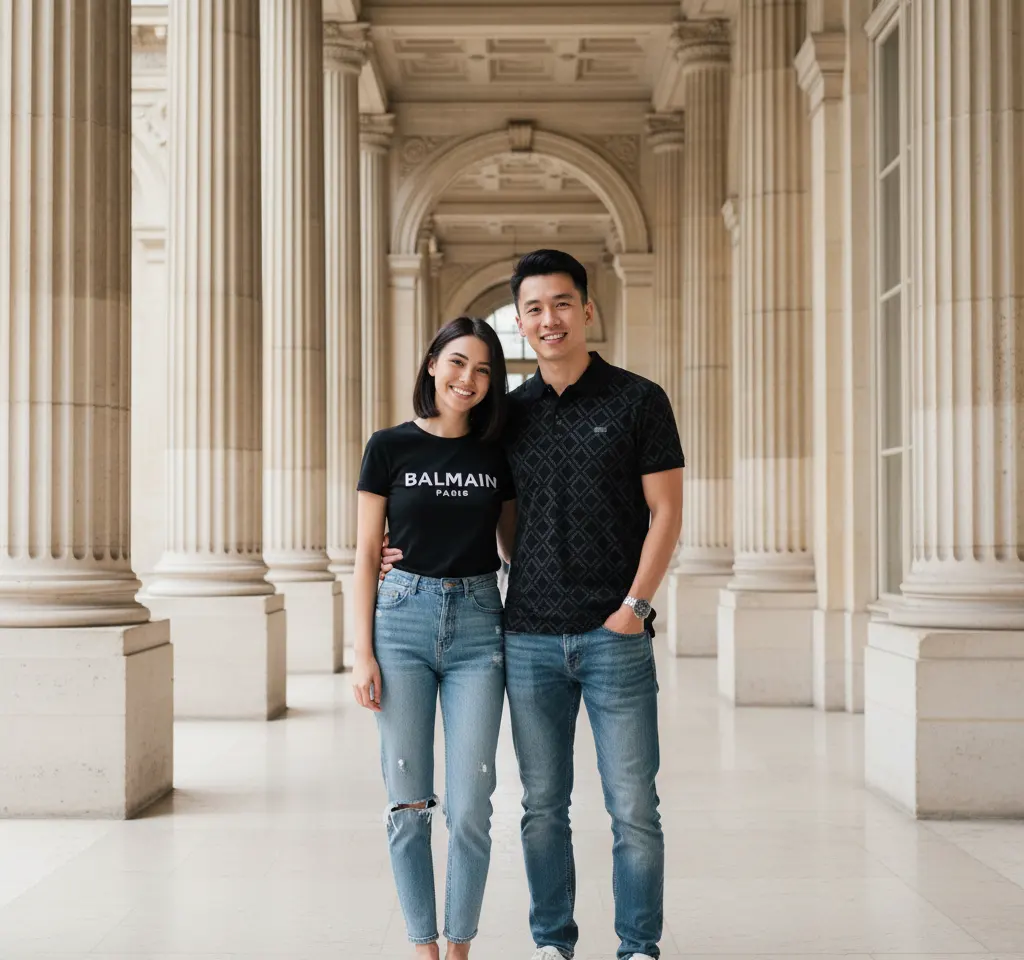 Neoclassical Corridor Portrait AI Couple Photo template