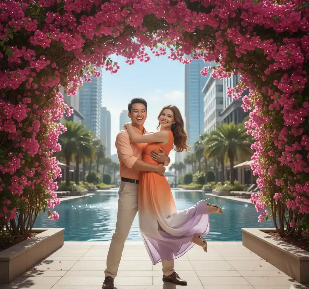 Joyful Jump and Hug Couple AI Couple Photo template