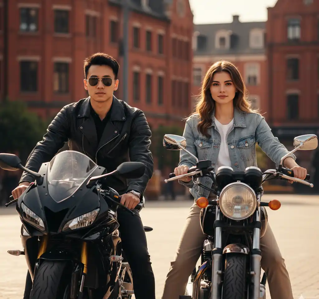 Urban Motorcycle Duo Couple AI Couple Photo template