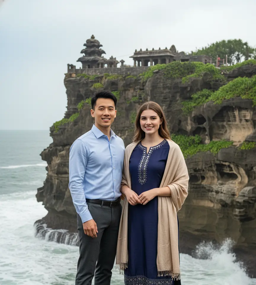 Tanah Lot Temple Bali Couple AI Couple Photo template