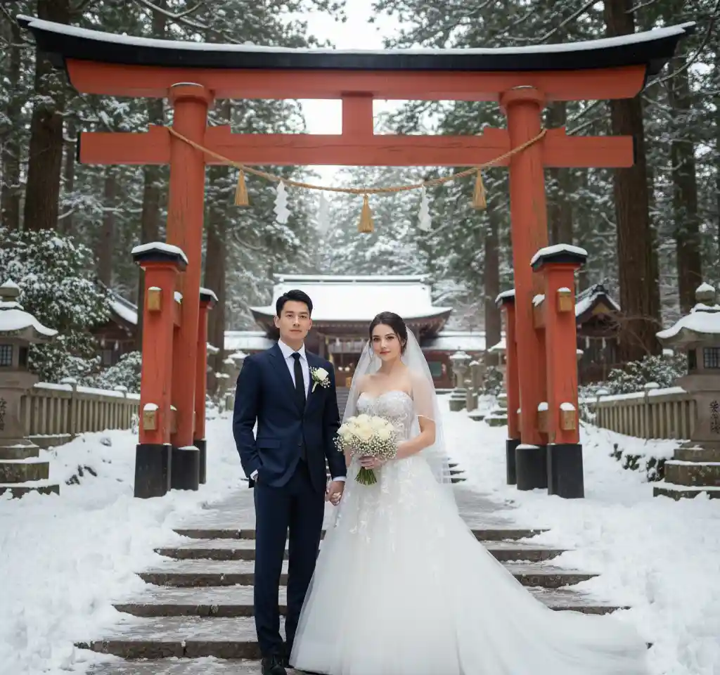 Wooden Torii Gate Japan Couple AI Couple Photo template