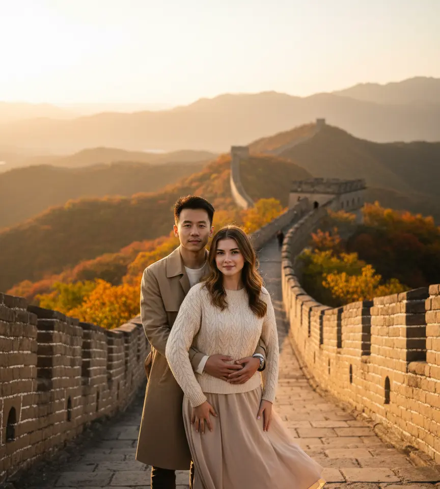 Great Wall Sunset China Couple AI Couple Photo template