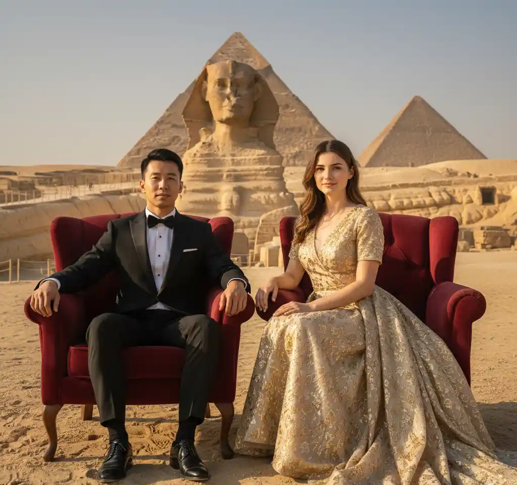 Pyramids of Giza Egypt Couple AI Couple Photo template