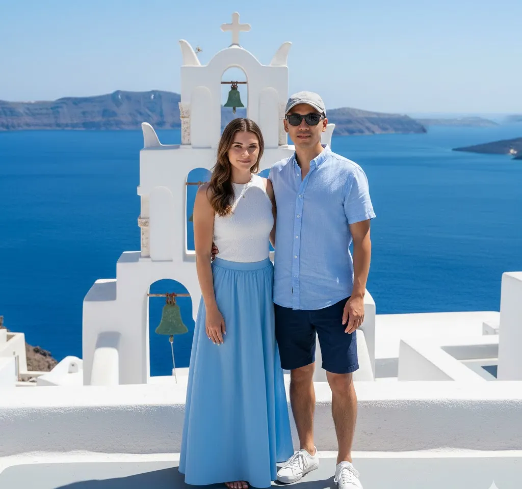 Santorini White Domes Couple AI Couple Photo template