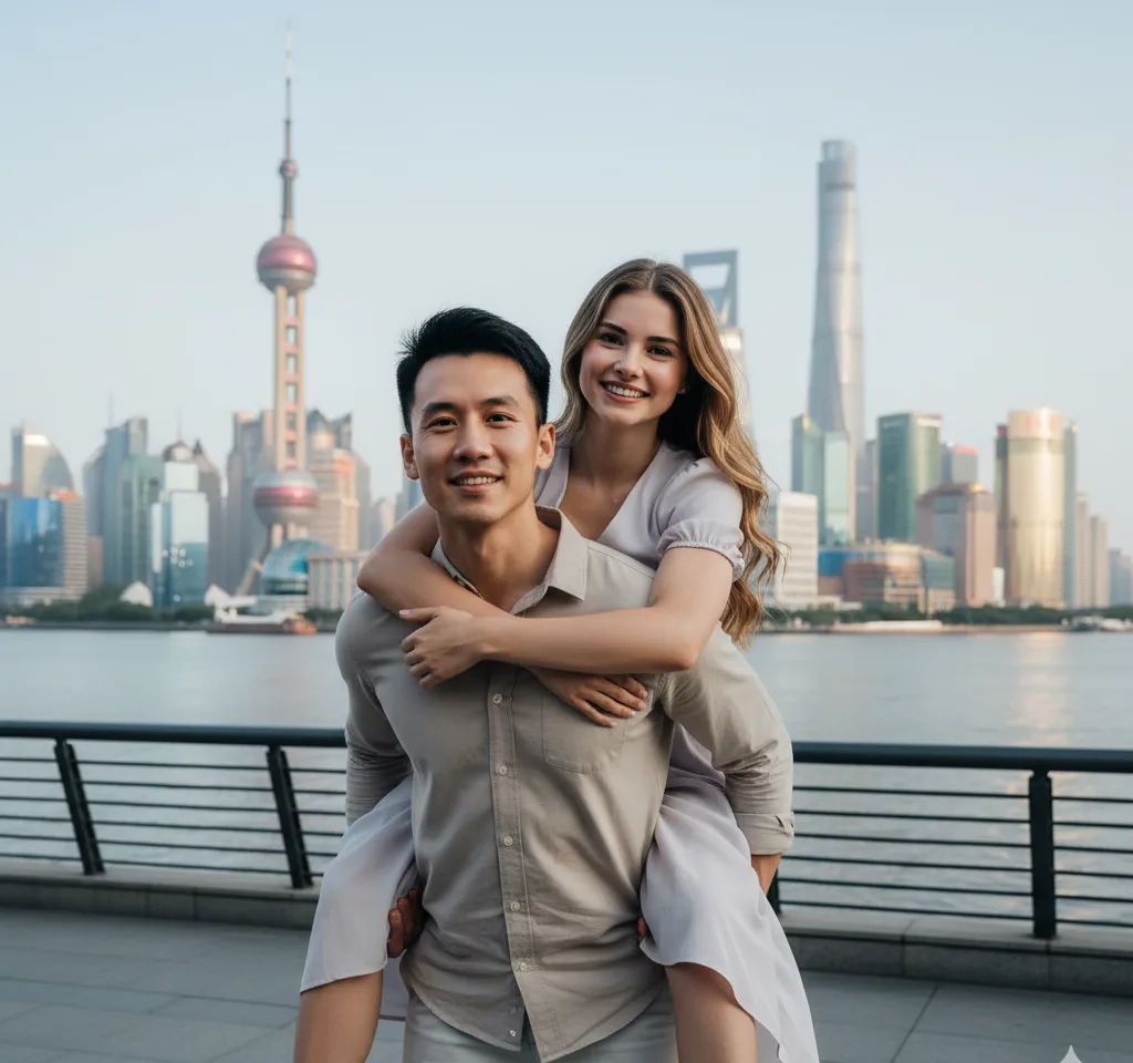 Shanghai Skyline Couple AI Couple Photo template