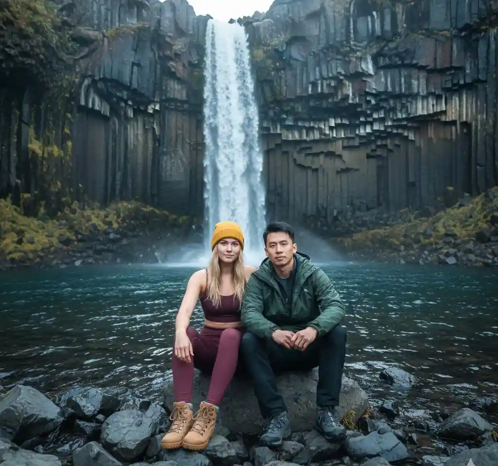 Svartifoss Waterfall Iceland Couple AI Couple Photo template