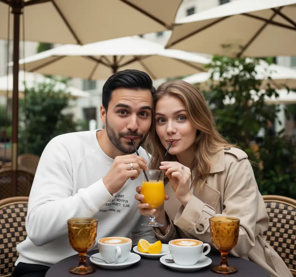 Sharing Orange Juice Couple AI Couple Photo template