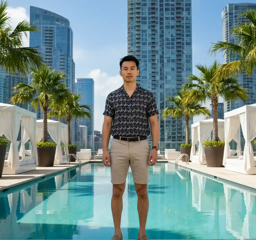 Poolside Urban Oasis Portrait AI Headshot Generator template