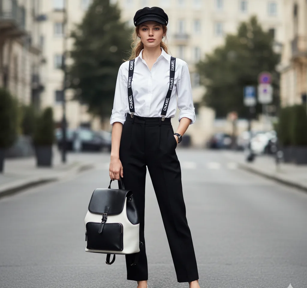 Suspenders Style Woman Portrait AI Headshot Generator template