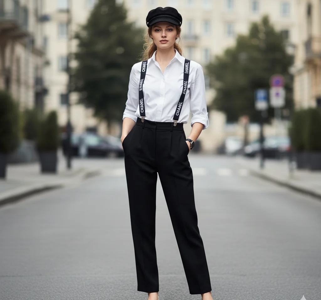 Classic Suspenders Woman Portrait AI Headshot Generator template