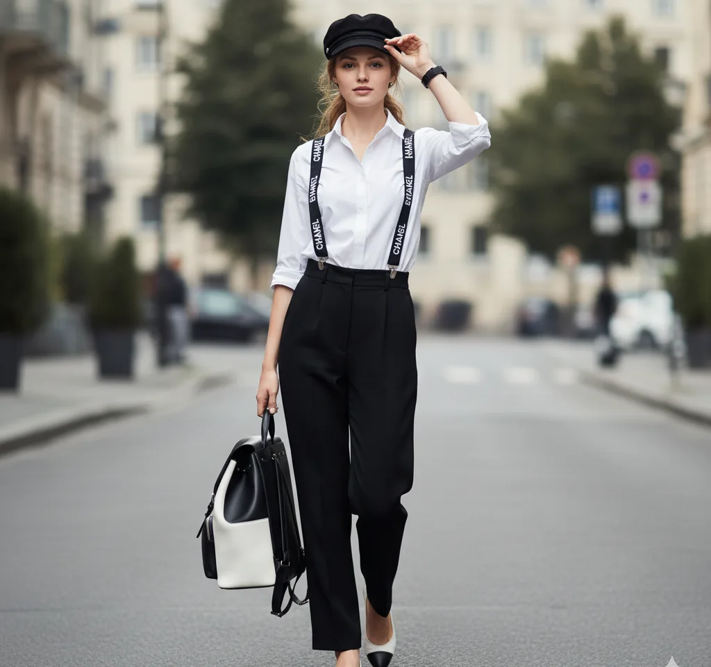 Vintage Suspenders Woman Portrait AI Headshot Generator template