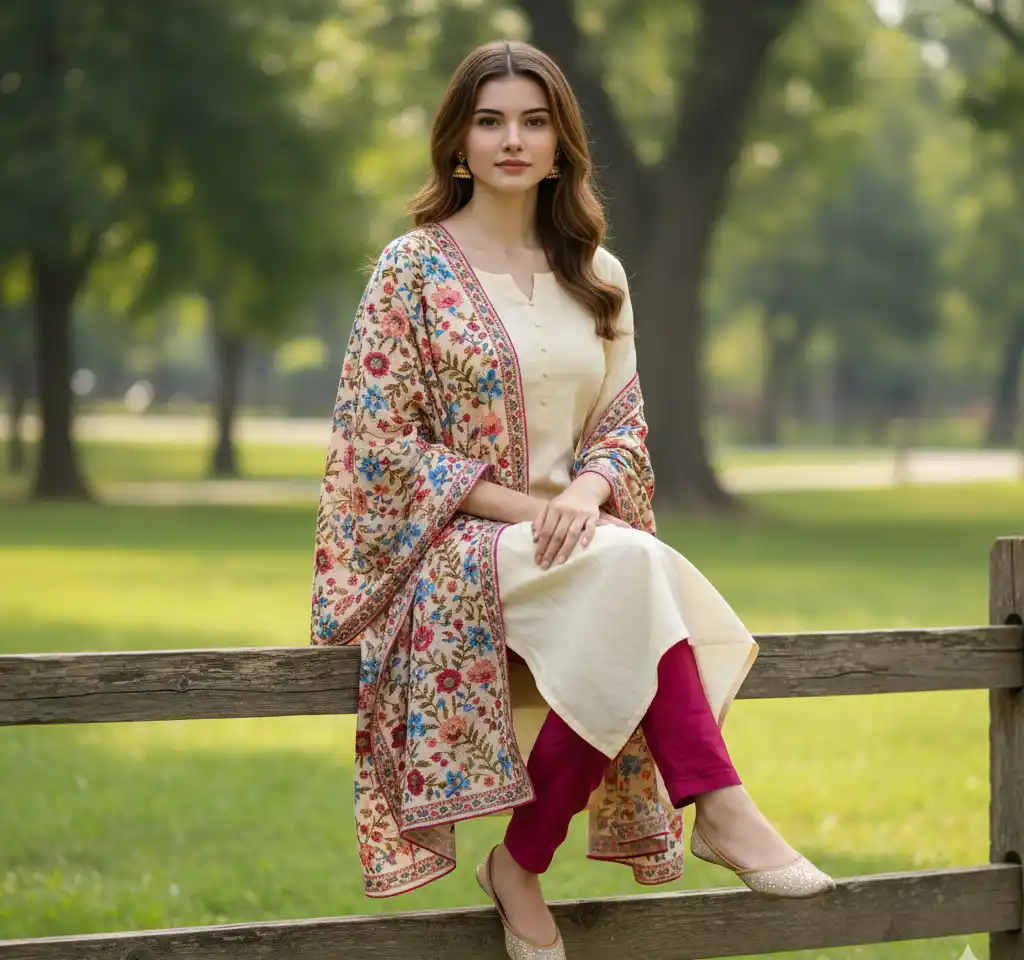 Vibrant Shawl Park Portrait AI Headshot Generator template