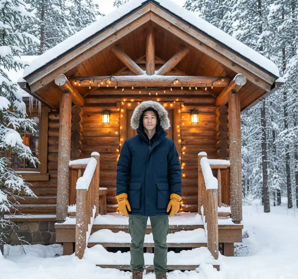 Winter Cabin Arrival Portrait AI Headshot Generator template