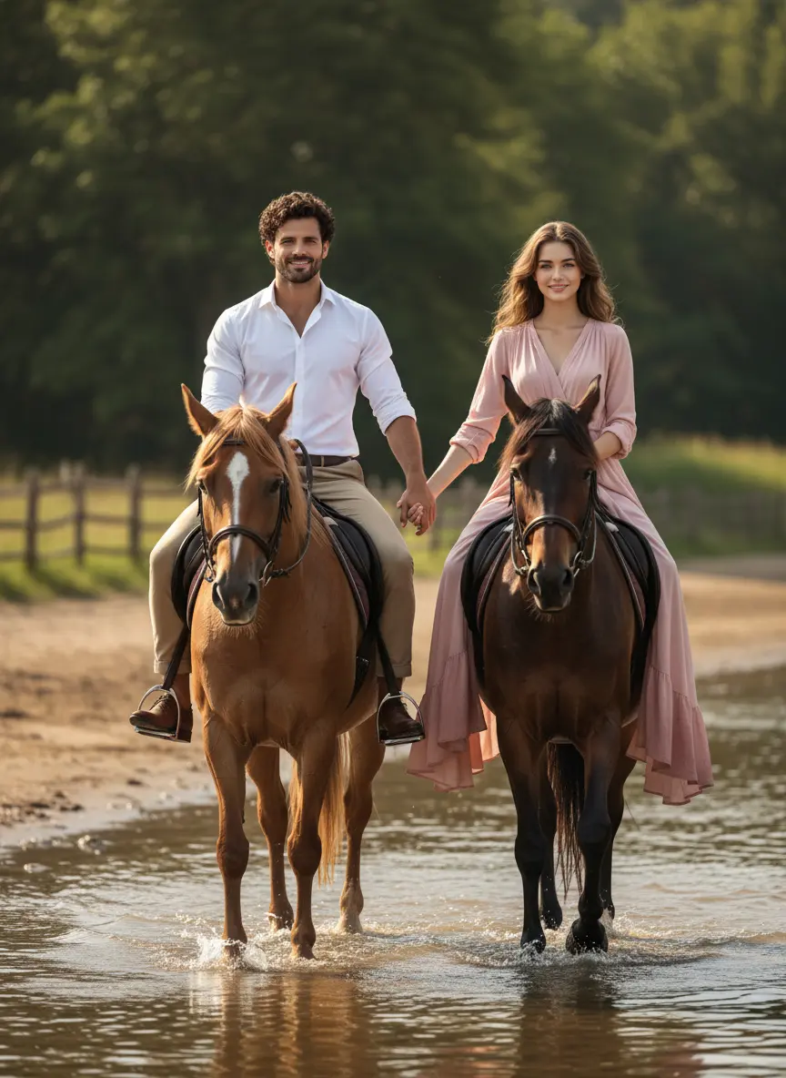 Romantic AI couple photo sitting on sunset beach with ocean view