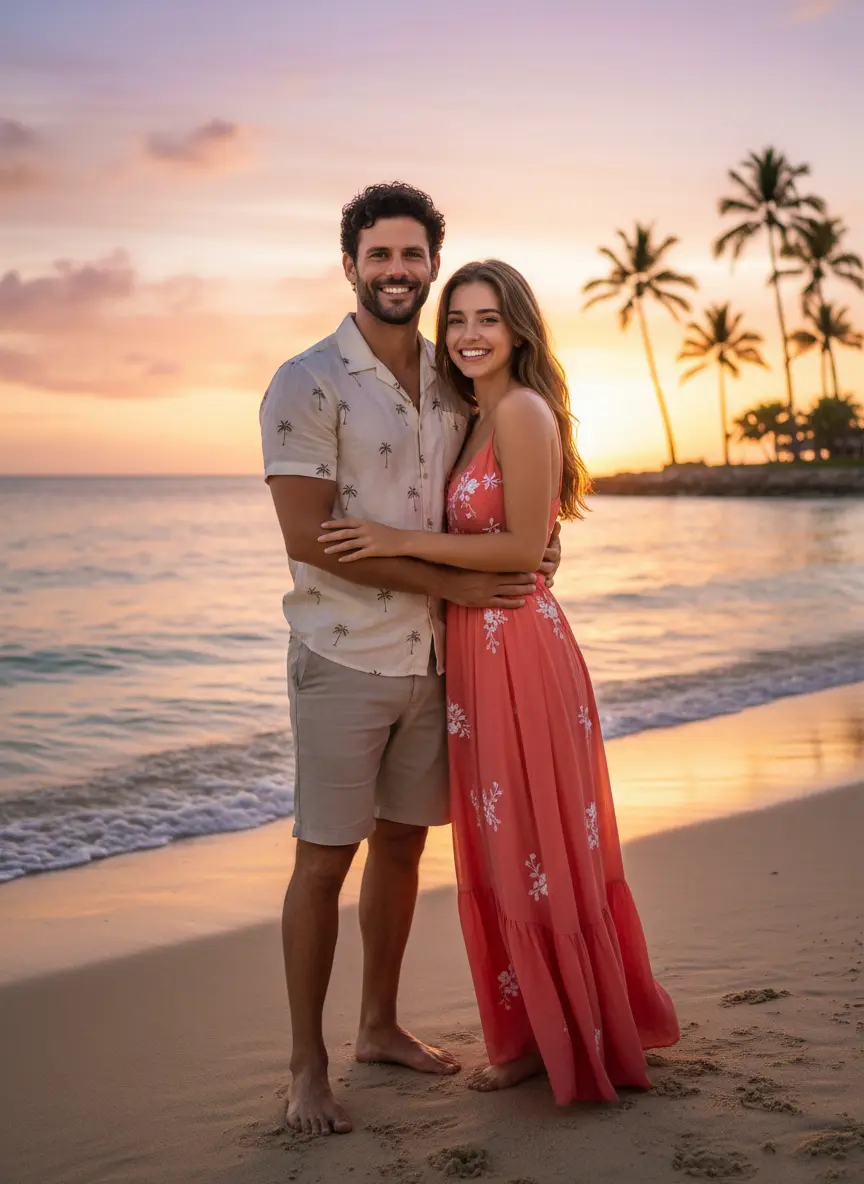 Adventure couple horse riding AI photo template