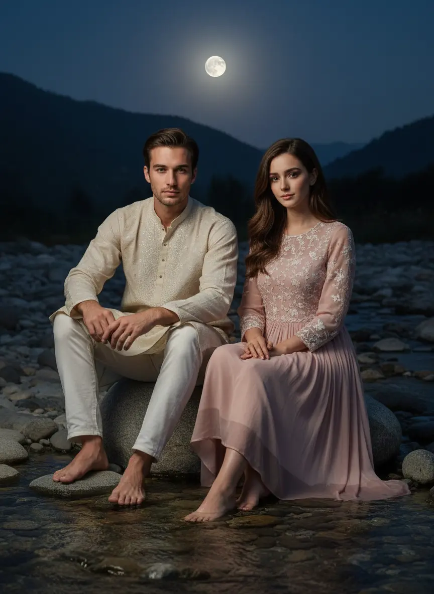Magical moonlight night date AI couple photo